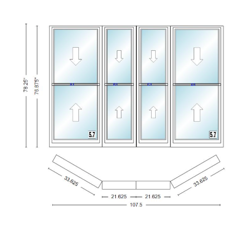 Andersen 400 Series Double Hung Bay Window 107 1/2" Wide Double Hung With Double Hung Flankers 30 Degree Angle Of Deflection Vinyl Exterior Wood Interior Low-E4 Dual Pane Argon Gas