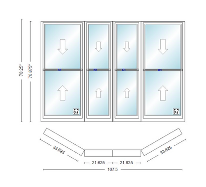 Andersen 400 Series Double Hung Bay Window 107 1/2" Wide Double Hung With Double Hung Flankers 30 Degree Angle Of Deflection Vinyl Exterior Wood Interior Low-E4 Dual Pane Argon Gas