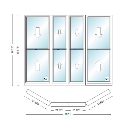 Andersen 400 Series Double Hung Bay Window 107 1/2" Wide Double Hung With Double Hung Flankers 30 Degree Angle Of Deflection Vinyl Exterior Wood Interior Low-E4 Dual Pane Argon Gas