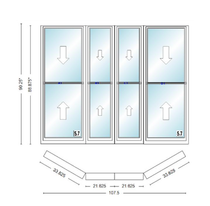 Andersen 400 Series Double Hung Bay Window 107 1/2" Wide Double Hung With Double Hung Flankers 30 Degree Angle Of Deflection Vinyl Exterior Wood Interior Low-E4 Dual Pane Argon Gas