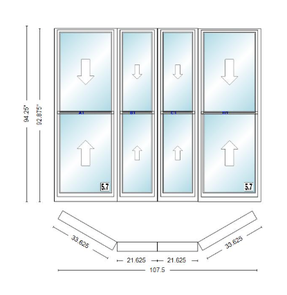 Andersen 400 Series Double Hung Bay Window 107 1/2" Wide Double Hung With Double Hung Flankers 30 Degree Angle Of Deflection Vinyl Exterior Wood Interior Low-E4 Dual Pane Argon Gas