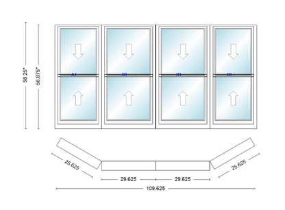 Andersen 400 Series Double Hung Bay Window 109 5/8" Wide Double Hung With Double Hung Flankers 30 Degree Angle Of Deflection Vinyl Exterior Wood Interior Low-E4 Dual Pane Argon Gas