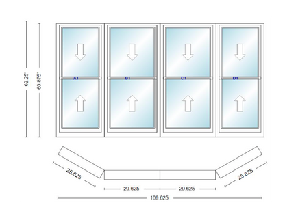 Andersen 400 Series Double Hung Bay Window 109 5/8" Wide Double Hung With Double Hung Flankers 30 Degree Angle Of Deflection Vinyl Exterior Wood Interior Low-E4 Dual Pane Argon Gas