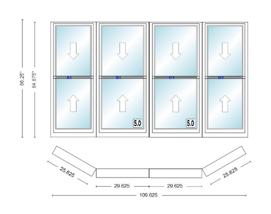 Andersen 400 Series Double Hung Bay Window 109 5/8" Wide Double Hung With Double Hung Flankers 30 Degree Angle Of Deflection Vinyl Exterior Wood Interior Low-E4 Dual Pane Argon Gas