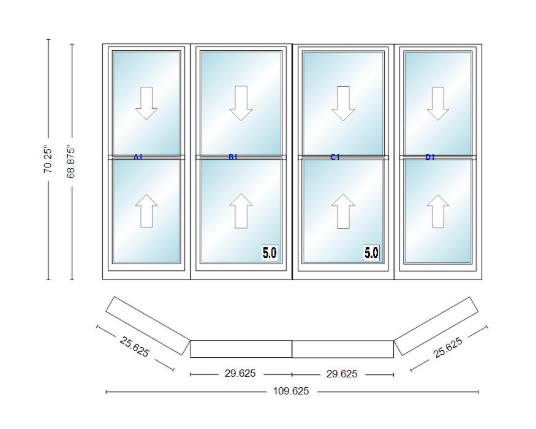 Andersen 400 Series Double Hung Bay Window 109 5/8" Wide Double Hung With Double Hung Flankers 30 Degree Angle Of Deflection Vinyl Exterior Wood Interior Low-E4 Dual Pane Argon Gas