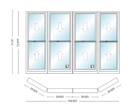 Andersen 400 Series Double Hung Bay Window 109 5/8" Wide Double Hung With Double Hung Flankers 30 Degree Angle Of Deflection Vinyl Exterior Wood Interior Low-E4 Dual Pane Argon Gas