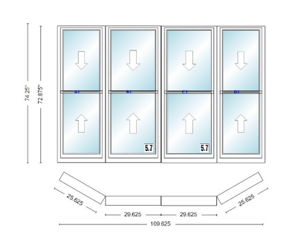 Andersen 400 Series Double Hung Bay Window 109 5/8" Wide Double Hung With Double Hung Flankers 30 Degree Angle Of Deflection Vinyl Exterior Wood Interior Low-E4 Dual Pane Argon Gas