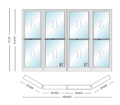Andersen 400 Series Double Hung Bay Window 109 5/8" Wide Double Hung With Double Hung Flankers 30 Degree Angle Of Deflection Vinyl Exterior Wood Interior Low-E4 Dual Pane Argon Gas
