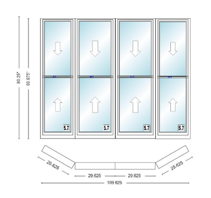 Andersen 400 Series Double Hung Bay Window 109 5/8" Wide Double Hung With Double Hung Flankers 30 Degree Angle Of Deflection Vinyl Exterior Wood Interior Low-E4 Dual Pane Argon Gas