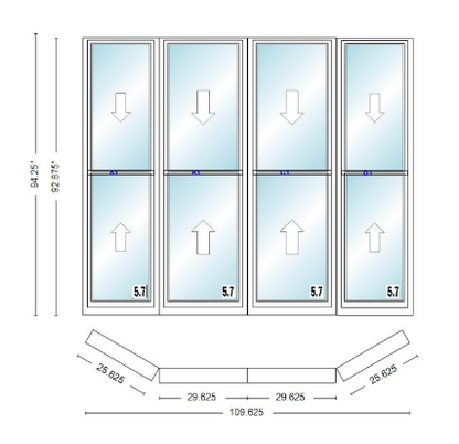 Andersen 400 Series Double Hung Bay Window 109 5/8" Wide Double Hung With Double Hung Flankers 30 Degree Angle Of Deflection Vinyl Exterior Wood Interior Low-E4 Dual Pane Argon Gas
