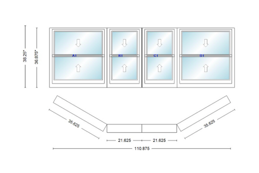 Andersen 400 Series Double Hung Bay Window 110 7/8" Wide Double Hung With Double Hung Flankers 30 Degree Angle Of Deflection Vinyl Exterior Wood Interior Low-E4 Dual Pane Argon Gas