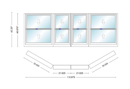 Andersen 400 Series Double Hung Bay Window 110 7/8" Wide Double Hung With Double Hung Flankers 30 Degree Angle Of Deflection Vinyl Exterior Wood Interior Low-E4 Dual Pane Argon Gas