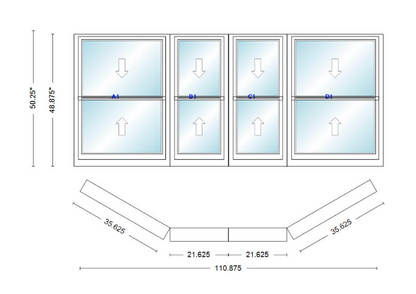 Andersen 400 Series Double Hung Bay Window 110 7/8" Wide Double Hung With Double Hung Flankers 30 Degree Angle Of Deflection Vinyl Exterior Wood Interior Low-E4 Dual Pane Argon Gas
