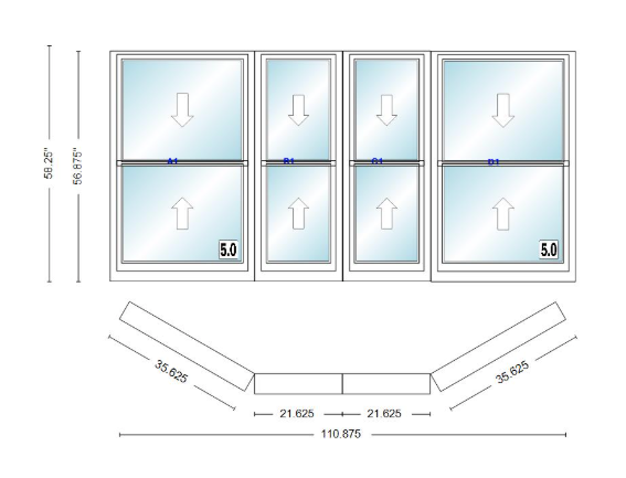 Andersen 400 Series Double Hung Bay Window 110 7/8" Wide Double Hung With Double Hung Flankers 30 Degree Angle Of Deflection Vinyl Exterior Wood Interior Low-E4 Dual Pane Argon Gas