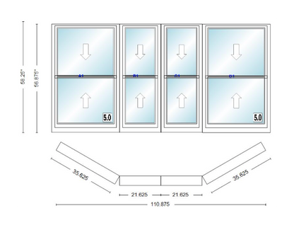 Andersen 400 Series Double Hung Bay Window 110 7/8" Wide Double Hung With Double Hung Flankers 30 Degree Angle Of Deflection Vinyl Exterior Wood Interior Low-E4 Dual Pane Argon Gas