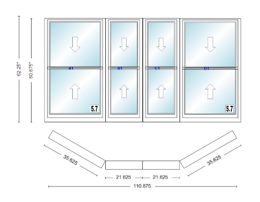 Andersen 400 Series Double Hung Bay Window 110 7/8" Wide Double Hung With Double Hung Flankers 30 Degree Angle Of Deflection Vinyl Exterior Wood Interior Low-E4 Dual Pane Argon Gas