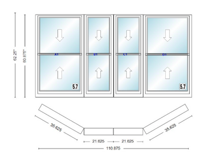 Andersen 400 Series Double Hung Bay Window 110 7/8" Wide Double Hung With Double Hung Flankers 30 Degree Angle Of Deflection Vinyl Exterior Wood Interior Low-E4 Dual Pane Argon Gas