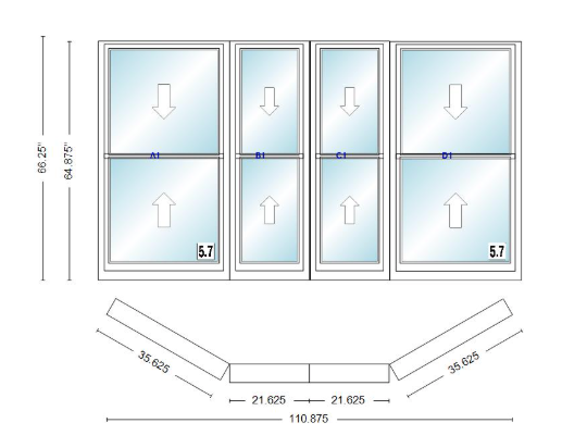 Andersen 400 Series Double Hung Bay Window 110 7/8" Wide Double Hung With Double Hung Flankers 30 Degree Angle Of Deflection Vinyl Exterior Wood Interior Low-E4 Dual Pane Argon Gas