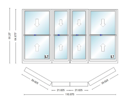 Andersen 400 Series Double Hung Bay Window 110 7/8" Wide Double Hung With Double Hung Flankers 30 Degree Angle Of Deflection Vinyl Exterior Wood Interior Low-E4 Dual Pane Argon Gas