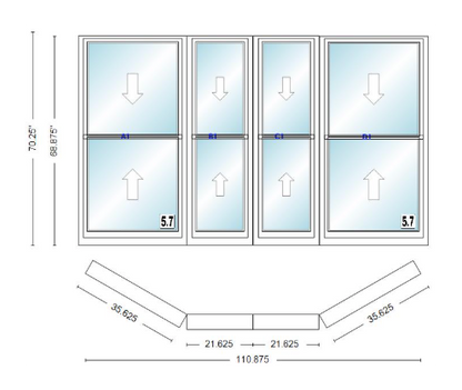 Andersen 400 Series Double Hung Bay Window 110 7/8" Wide Double Hung With Double Hung Flankers 30 Degree Angle Of Deflection Vinyl Exterior Wood Interior Low-E4 Dual Pane Argon Gas