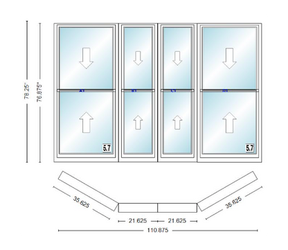 Andersen 400 Series Double Hung Bay Window 110 7/8" Wide Double Hung With Double Hung Flankers 30 Degree Angle Of Deflection Vinyl Exterior Wood Interior Low-E4 Dual Pane Argon Gas
