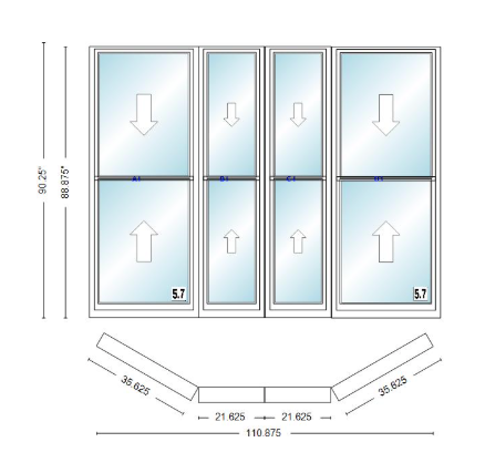 Andersen 400 Series Double Hung Bay Window 110 7/8" Wide Double Hung With Double Hung Flankers 30 Degree Angle Of Deflection Vinyl Exterior Wood Interior Low-E4 Dual Pane Argon Gas