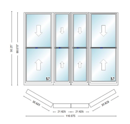 Andersen 400 Series Double Hung Bay Window 110 7/8" Wide Double Hung With Double Hung Flankers 30 Degree Angle Of Deflection Vinyl Exterior Wood Interior Low-E4 Dual Pane Argon Gas