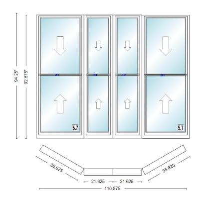 Andersen 400 Series Double Hung Bay Window 110 7/8" Wide Double Hung With Double Hung Flankers 30 Degree Angle Of Deflection Vinyl Exterior Wood Interior Low-E4 Dual Pane Argon Gas
