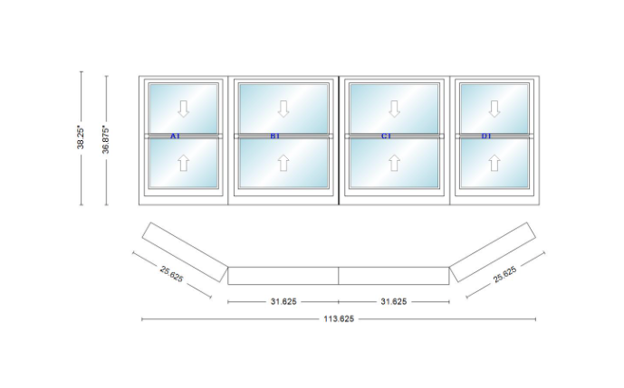 Andersen 400 Series Double Hung Bay Window 113 5/8" Wide Double Hung With Double Hung Flankers 30 Degree Angle Of Deflection Vinyl Exterior Wood Interior Low-E4 Dual Pane Argon Gas