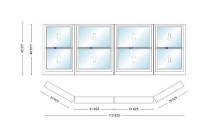 Andersen 400 Series Double Hung Bay Window 113 5/8" Wide Double Hung With Double Hung Flankers 30 Degree Angle Of Deflection Vinyl Exterior Wood Interior Low-E4 Dual Pane Argon Gas