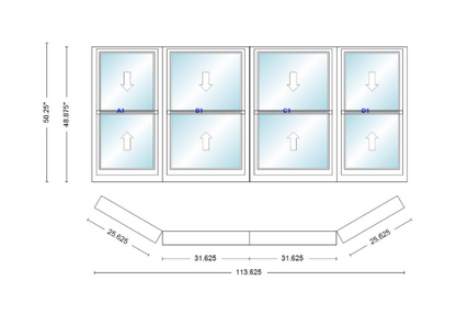 Andersen 400 Series Double Hung Bay Window 113 5/8" Wide Double Hung With Double Hung Flankers 30 Degree Angle Of Deflection Vinyl Exterior Wood Interior Low-E4 Dual Pane Argon Gas