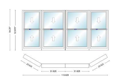 Andersen 400 Series Double Hung Bay Window 113 5/8" Wide Double Hung With Double Hung Flankers 30 Degree Angle Of Deflection Vinyl Exterior Wood Interior Low-E4 Dual Pane Argon Gas