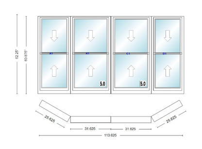 Andersen 400 Series Double Hung Bay Window 113 5/8" Wide Double Hung With Double Hung Flankers 30 Degree Angle Of Deflection Vinyl Exterior Wood Interior Low-E4 Dual Pane Argon Gas