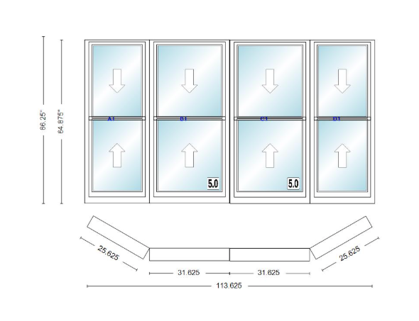 Andersen 400 Series Double Hung Bay Window 113 5/8" Wide Double Hung With Double Hung Flankers 30 Degree Angle Of Deflection Vinyl Exterior Wood Interior Low-E4 Dual Pane Argon Gas
