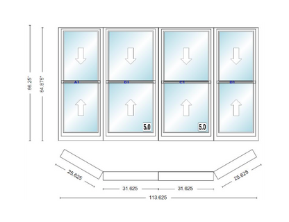 Andersen 400 Series Double Hung Bay Window 113 5/8" Wide Double Hung With Double Hung Flankers 30 Degree Angle Of Deflection Vinyl Exterior Wood Interior Low-E4 Dual Pane Argon Gas