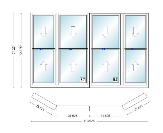 Andersen 400 Series Double Hung Bay Window 113 5/8" Wide Double Hung With Double Hung Flankers 30 Degree Angle Of Deflection Vinyl Exterior Wood Interior Low-E4 Dual Pane Argon Gas