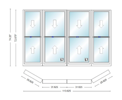 Andersen 400 Series Double Hung Bay Window 113 5/8" Wide Double Hung With Double Hung Flankers 30 Degree Angle Of Deflection Vinyl Exterior Wood Interior Low-E4 Dual Pane Argon Gas