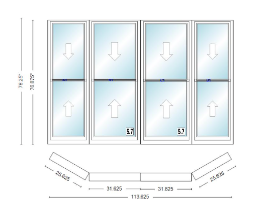 Andersen 400 Series Double Hung Bay Window 113 5/8" Wide Double Hung With Double Hung Flankers 30 Degree Angle Of Deflection Vinyl Exterior Wood Interior Low-E4 Dual Pane Argon Gas