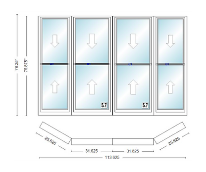 Andersen 400 Series Double Hung Bay Window 113 5/8" Wide Double Hung With Double Hung Flankers 30 Degree Angle Of Deflection Vinyl Exterior Wood Interior Low-E4 Dual Pane Argon Gas