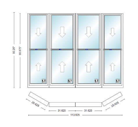 Andersen 400 Series Double Hung Bay Window 113 5/8" Wide Double Hung With Double Hung Flankers 30 Degree Angle Of Deflection Vinyl Exterior Wood Interior Low-E4 Dual Pane Argon Gas