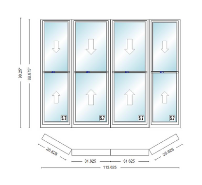 Andersen 400 Series Double Hung Bay Window 113 5/8" Wide Double Hung With Double Hung Flankers 30 Degree Angle Of Deflection Vinyl Exterior Wood Interior Low-E4 Dual Pane Argon Gas