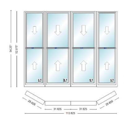 Andersen 400 Series Double Hung Bay Window 113 5/8" Wide Double Hung With Double Hung Flankers 30 Degree Angle Of Deflection Vinyl Exterior Wood Interior Low-E4 Dual Pane Argon Gas