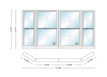 Andersen 400 Series Double Hung Bay Window 114 5/8" Wide Double Hung With Double Hung Flankers 30 Degree Angle Of Deflection Vinyl Exterior Wood Interior Low-E4 Dual Pane Argon Gas