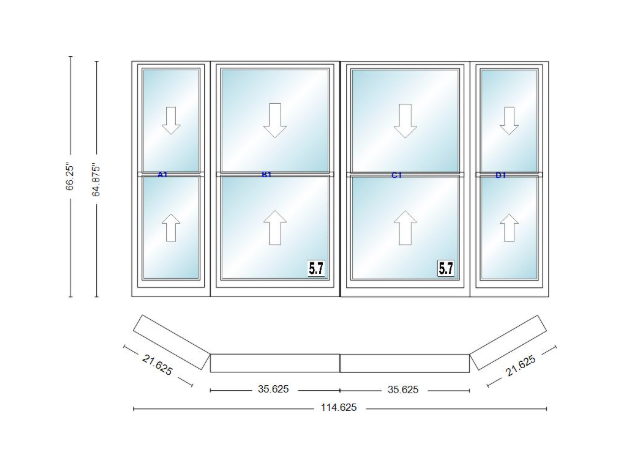 Andersen 400 Series Double Hung Bay Window 114 5/8" Wide Double Hung With Double Hung Flankers 30 Degree Angle Of Deflection Vinyl Exterior Wood Interior Low-E4 Dual Pane Argon Gas