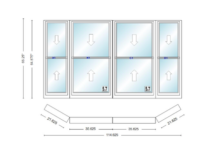 Andersen 400 Series Double Hung Bay Window 114 5/8" Wide Double Hung With Double Hung Flankers 30 Degree Angle Of Deflection Vinyl Exterior Wood Interior Low-E4 Dual Pane Argon Gas