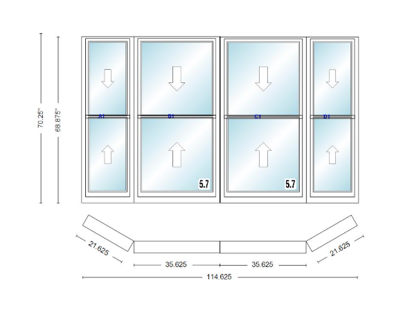 Andersen 400 Series Double Hung Bay Window 114 5/8" Wide Double Hung With Double Hung Flankers 30 Degree Angle Of Deflection Vinyl Exterior Wood Interior Low-E4 Dual Pane Argon Gas
