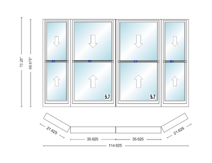 Andersen 400 Series Double Hung Bay Window 114 5/8" Wide Double Hung With Double Hung Flankers 30 Degree Angle Of Deflection Vinyl Exterior Wood Interior Low-E4 Dual Pane Argon Gas