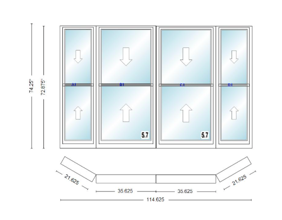 Andersen 400 Series Double Hung Bay Window 114 5/8" Wide Double Hung With Double Hung Flankers 30 Degree Angle Of Deflection Vinyl Exterior Wood Interior Low-E4 Dual Pane Argon Gas