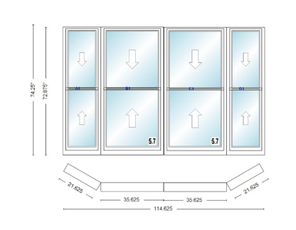 Andersen 400 Series Double Hung Bay Window 114 5/8" Wide Double Hung With Double Hung Flankers 30 Degree Angle Of Deflection Vinyl Exterior Wood Interior Low-E4 Dual Pane Argon Gas