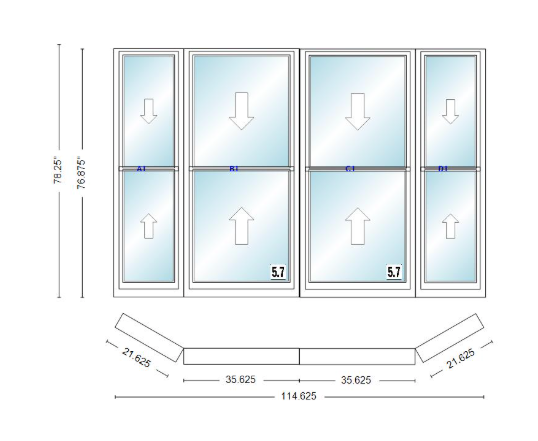 Andersen 400 Series Double Hung Bay Window 114 5/8" Wide Double Hung With Double Hung Flankers 30 Degree Angle Of Deflection Vinyl Exterior Wood Interior Low-E4 Dual Pane Argon Gas